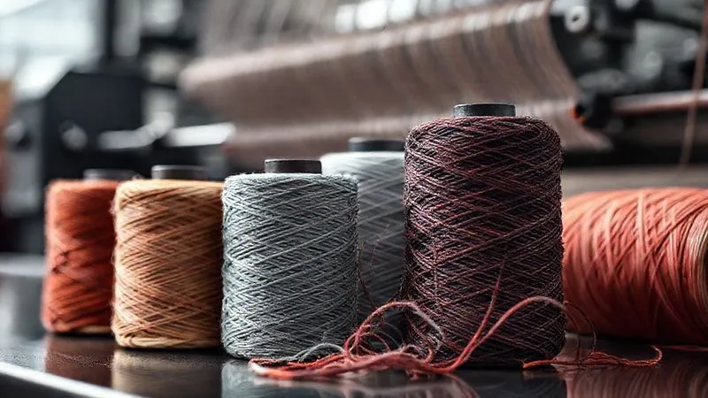 A photorealistic, professional photography, 8K, cinematic lighting, sharp focus, depth of field, shot on a high-end DSLR, of various spools of technical activewear yarn in different deniers and fiber blends, with one spool unraveling slightly to show the multi-filament structure, against a blurred backdrop of textile machinery, conveying precision and material science.