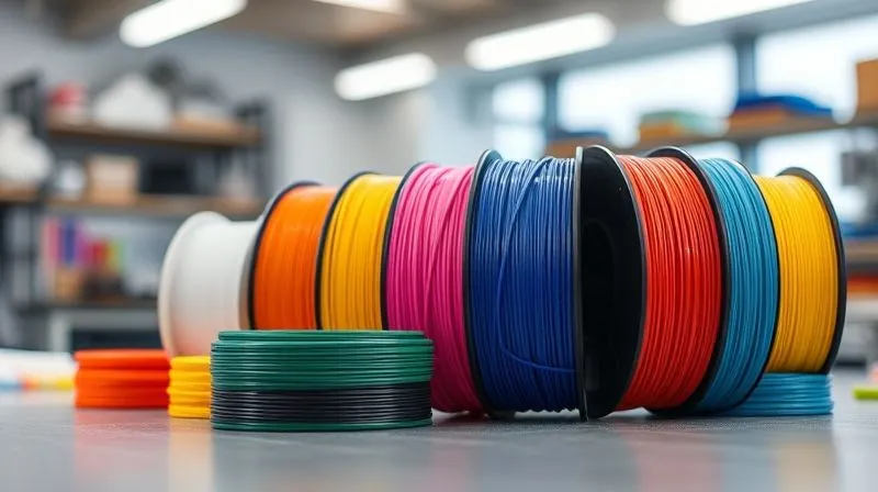 A close-up, photorealistic, professional photography shot of various spools of flexible 3D printing filament (TPU, TPE, silicone-like resins) in vibrant colors, arranged artfully on a workbench, with a blurred background of a modern textile innovation lab. Cinematic lighting, sharp focus on the filaments, depth of field. 8K hyper-detailed, shot on a high-end DSLR, conveying innovation in material science.