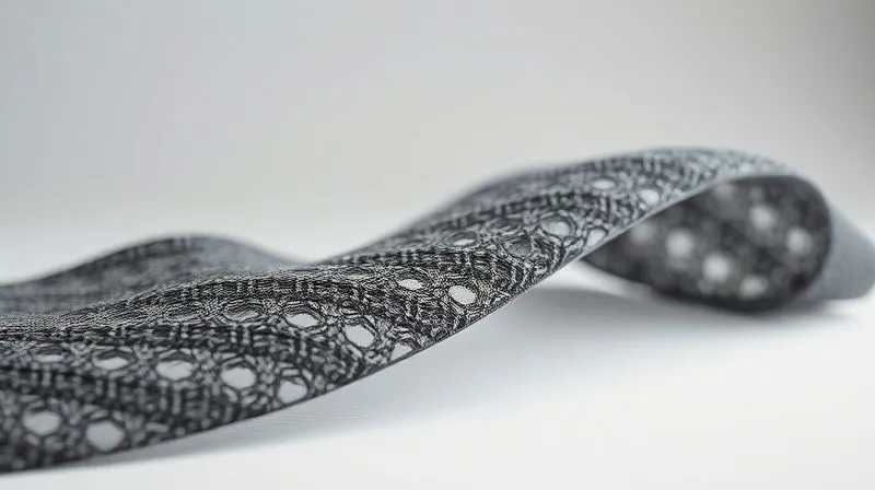 A photorealistic, professional photography shot of a futuristic 3D printed textile sample, showcasing an intricate, biomimetic lattice structure that resembles natural cellular patterns or woven fibers. The sample is gently curved, demonstrating flexibility, with soft, diffused cinematic lighting highlighting its complex geometry against a minimalist, light-grey background. Sharp focus on the texture, depth of field. 8K hyper-detailed, shot on a high-end DSLR, symbolizing the fusion of nature and technology.