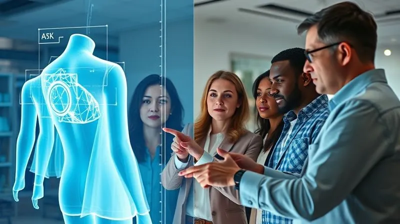 A photorealistic, professional photography, 8K, cinematic lighting, sharp focus, depth of field, shot on a high-end DSLR, depicting a team of fashion designers and technical specialists gathered around a large, interactive holographic display, meticulously reviewing a 3D garment model. Their expressions are focused, pointing at details, with digital measurement overlays visible, symbolizing collaborative virtual quality control.