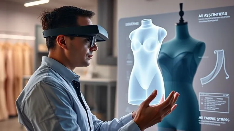 A photorealistic, professional photography, 8K, cinematic lighting, sharp focus, depth of field, shot on a high-end DSLR, showing a futuristic fashion design studio. A designer wears AR glasses, interacting with a holographic 3D garment model that floats in the air, while an AI assistant displays real-time fabric stress analysis on a transparent screen. The scene is bathed in soft, ethereal light, conveying innovation and advanced technology.