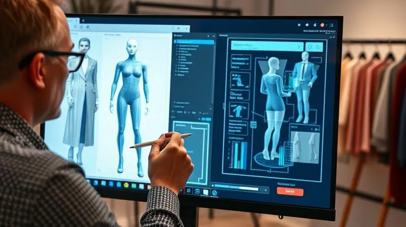 A professional fashion designer intently analyzing a 3D garment simulation on a large, high-resolution monitor, with virtual pressure maps and fit analysis tools overlaid on the avatar. The designer is using a stylus, surrounded by mood boards and physical fabric swatches. Soft, analytical cinematic lighting, sharp focus on the screen and designer's hands, depth of field creating a blurred, modern studio background. 8K hyper-detailed, professional photography.