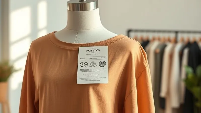 A photorealistic image of a stylish, minimalist fashion garment made from bio-based fabric, displayed on a mannequin in a light-filled studio. A close-up tag on the garment clearly shows certifications and care instructions. The background is softly blurred, focusing on the garment's texture and the informative tag. 8K, cinematic lighting, sharp focus, depth of field, shot on a high-end DSLR.