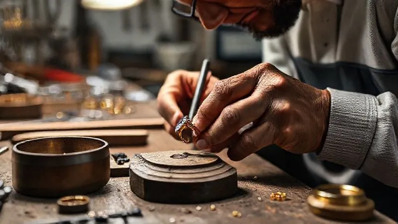 A photorealistic image of a skilled artisan jeweler meticulously working on a bespoke ring setting in a clean, well-lit jewelry workshop. The artisan's hands are in sharp focus, using traditional tools with modern precision. The background shows a organized workbench with ethical gold ingots and a few small, ethically sourced gemstones. Cinematic lighting, depth of field, 8K hyper-detailed, shot on a high-end DSLR, conveying craftsmanship and ethical practice.