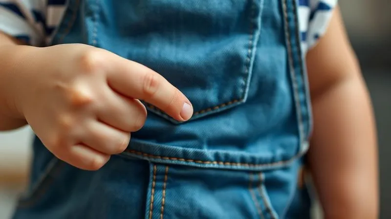 A photorealistic, professional photography, 8K image of a toddler's denim overalls, with a parent's hand pointing to a reinforced double-stitched seam, showcasing garment durability and quality, cinematic lighting, sharp focus on the stitching, depth of field blurring the rest of the garment.