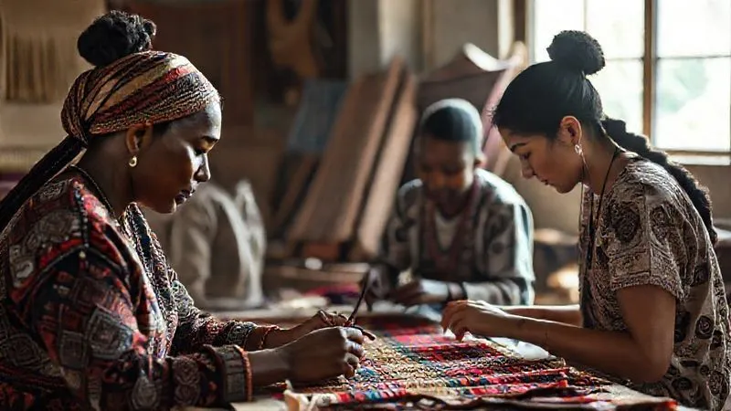 A photorealistic, professional photography, 8K, cinematic lighting, sharp focus, depth of field, shot on a high-end DSLR, showing a long-term collaborative project: a community workshop where streetwear designers are teaching digital design skills to local artisans, while also learning traditional textile techniques, symbolizing mutual growth and sustained engagement.