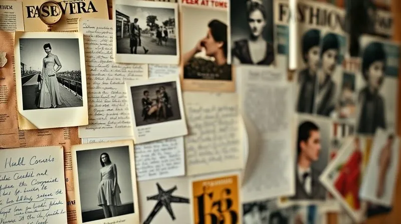 A photorealistic image of a vintage designer's mood board, featuring faded photographs, fabric swatches, and handwritten notes, with a subtle, contemporary overlay of digital design ideas. Cinematic lighting, sharp focus on the details, depth of field blurring a background of archival fashion magazines. 8K hyper-detailed, professional photography, shot on a high-end DSLR.