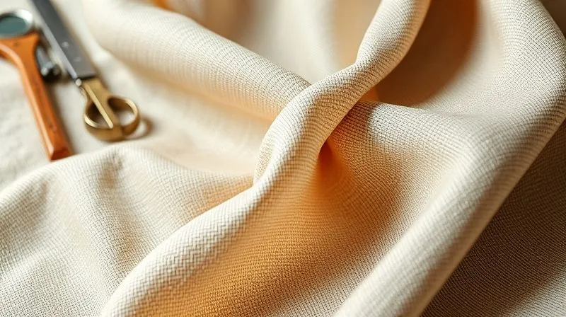 A photorealistic image of a luxurious, contemporary fabric swatch with a subtle, woven pattern that echoes a classic vintage textile. The fabric is draped elegantly, with cinematic lighting highlighting its texture and sheen. Sharp focus on the fabric, depth of field softly blurring a background of design tools. 8K hyper-detailed, professional photography, shot on a high-end DSLR.