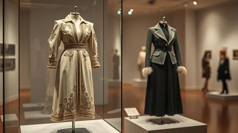 A photorealistic image of a beautifully curated fashion exhibition display, featuring a vintage haute couture garment alongside a contemporary reinterpretation. Informative plaques are visible, with soft, directional lighting highlighting the intricate details of both pieces. Sharp focus on the garments, depth of field softly blurring the gallery background. 8K hyper-detailed, professional photography, shot on a high-end DSLR.