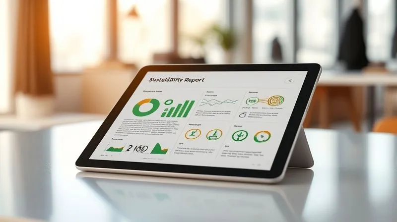 A photorealistic image of a brand's sustainability and ethical report page, open on a sleek tablet, with graphs and text detailing responsible practices. The tablet is placed on a clean, modern desk, with soft, natural light illuminating the scene. Sharp focus on the report details, depth of field softly blurring a background of architectural fashion studio elements. 8K hyper-detailed, professional photography, shot on a high-end DSLR.