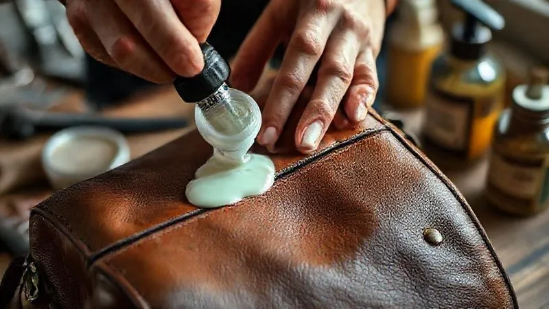 photorealistic, professional photography, 8K, cinematic lighting, sharp focus, depth of field, shot on a high-end DSLR. Skilled hands gently applying a rich leather conditioner to a section of a vintage designer handbag, the leather visibly absorbing the product, with a soft, warm glow from cinematic lighting. The background shows blurred tools and other leather care products.