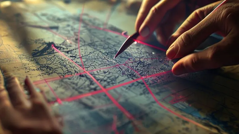 A photorealistic image of a vintage map with a red dotted line tracing a diamond's journey from mine to market, overlaid with subtle, blurred images of diverse hands working collaboratively, 8K, cinematic lighting, sharp focus on the map details, depth of field.