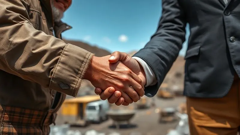 photorealistic, professional photography, 8K, cinematic lighting, sharp focus, depth of field, shot on a high-end DSLR. A close-up of a smiling, weathered hand of a small-scale artisanal miner shaking hands firmly with a well-dressed jewelry designer, both looking each other in the eye, representing a strong, respectful partnership. The background shows a bustling but organized mining site under a clear sky.