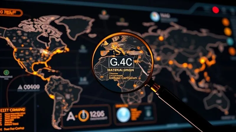 A photorealistic image of a sophisticated digital dashboard displaying a complex supply chain map with interconnected nodes, each node glowing with data points related to material origin, processing, and ethical certifications. A magnifying glass hovers over a specific node, showing detailed information. The aesthetic is clean, modern, with a subtle glow, professional photography, 8K, cinematic lighting, sharp focus, depth of field, shot on a high-end DSLR.