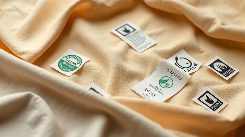 Photorealistic, professional photography, 8K, cinematic lighting, sharp focus, depth of field, shot on a high-end DSLR. A meticulously arranged flat lay of various sustainable fabric swatches, each clearly displaying a prominent certification tag (e.g., GOTS, Oeko-Tex, Fair Trade logo). The swatches include organic cotton, hemp, Tencel, and recycled polyester in a subtle streetwear color palette, with a sense of texture and quality. The light is soft and even, highlighting the details of the fabrics and tags.
