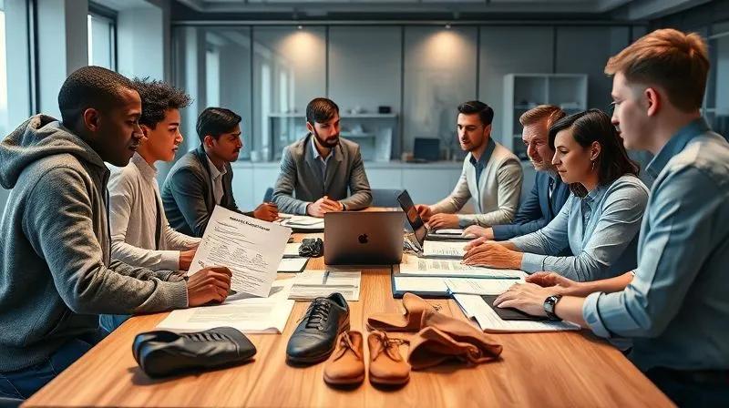 Photorealistic, professional photography, 8K, cinematic lighting, sharp focus, depth of field, shot on a high-end DSLR. A diverse team of fashion professionals, some in stylish streetwear, are gathered around a large table in a modern, well-lit office. They are reviewing documents, audit reports, and fabric swatches, engaged in serious discussion. One person is pointing at a detailed report on a laptop screen, while another is shaking hands with a supplier representative across the table, symbolizing trust and due diligence. The atmosphere is professional and collaborative.