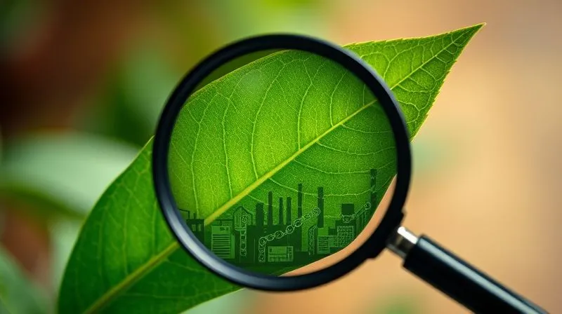 A photorealistic image showing a magnifying glass over a green leaf that is subtly revealing a complex, industrial supply chain underneath, symbolizing the hidden aspects of greenwashing. The background is blurred, representing confusion, while the magnified area is sharply focused, revealing intricate details. Professional photography, 8K, cinematic lighting, sharp focus, depth of field, shot on a high-end DSLR. A photorealistic image showing a magnifying glass over a green leaf that is subtly revealing a complex, industrial supply chain underneath, symbolizing the hidden aspects of greenwashing. The background is blurred, representing confusion, while the magnified area is sharply focused, revealing intricate details. Professional photography, 8K, cinematic lighting, sharp focus, depth of field, shot on a high-end DSLR.