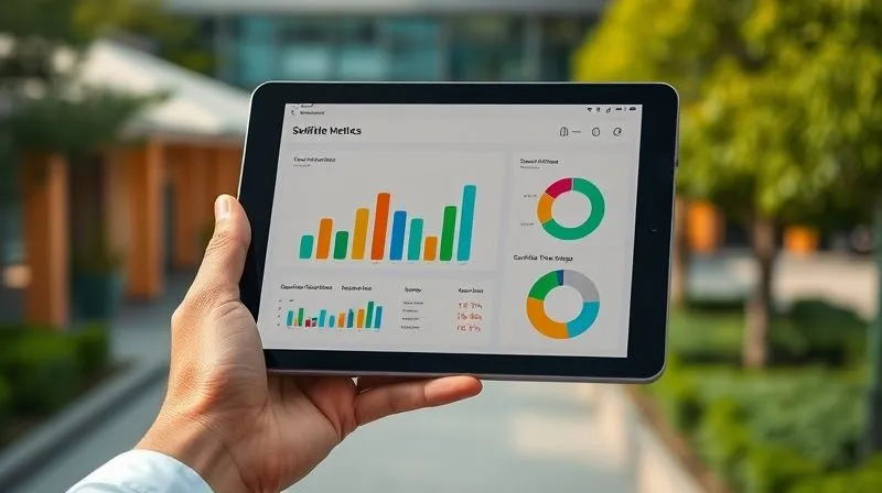 photorealistic, professional photography, 8K, cinematic lighting, sharp focus, depth of field, shot on a high-end DSLR, a hand holding a tablet displaying a clean, modern dashboard with sustainability metrics: bar graphs showing 'Waste Reduction' and 'Certified Materials %', and a pie chart for 'Water Savings'. The background is slightly blurred, showing school buildings or green spaces, suggesting progress and data-driven decision-making.