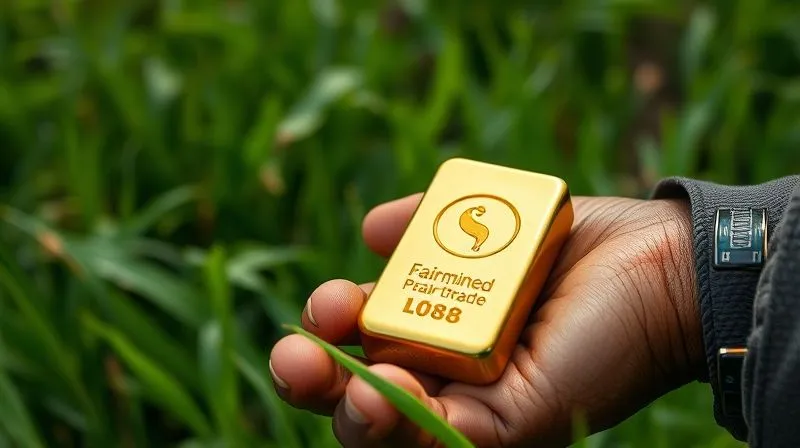 A photorealistic image of a gold bar stamped with 'Fairmined' or 'Fairtrade' logo, resting on a miner's hand, surrounded by lush, green, responsibly rehabilitated landscape. Professional photography, 8K, cinematic lighting, sharp focus on the gold bar, depth of field blurring the background, shot on a high-end DSLR, conveying responsibility and hope.