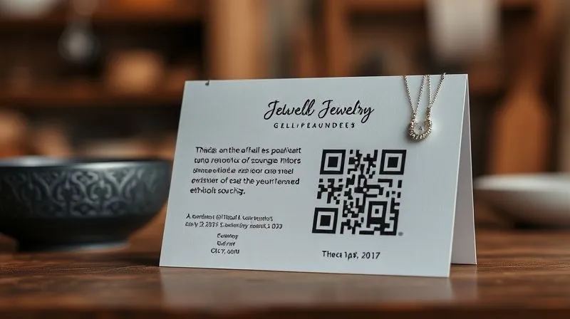 A photorealistic image of a beautifully designed jewelry display card with a QR code, subtly highlighting ethical sourcing information. The background shows a soft, artisanal workshop setting. Professional photography, 8K, cinematic lighting, sharp focus on the card and jewelry, depth of field blurring the background, shot on a high-end DSLR, conveying transparency and craftsmanship.