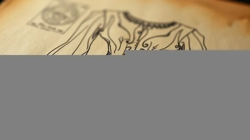 Photorealistic, professional photography, 8K, cinematic lighting, sharp focus, depth of field, shot on a high-end DSLR. An antique, hand-sketched design from a legendary couturier's archive, subtly overlaid with a shimmering, futuristic digital interface. The drawing shows intricate garment details, while the digital layer suggests data analysis and modern interpretation. The image conveys the fusion of historical narrative with contemporary relevance, emotionally resonant with respect for the past and vision for the future.