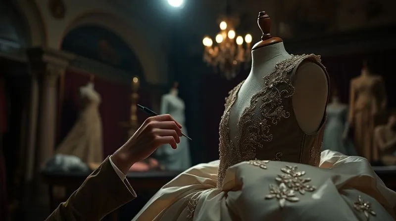 Photorealistic, professional photography, 8K, cinematic lighting, sharp focus, depth of field, shot on a high-end DSLR. A single spotlight illuminates a master artisan's hands meticulously embroidering a haute couture gown in a dimly lit, opulent atelier. The background is softly blurred, showing glimpses of historic architectural details and other exquisite fabrics. The atmosphere is one of focused artistry and serene luxury, conveying an exclusive, behind-the-scenes experience. Emotionally resonant with reverence for craftsmanship and quiet dedication.