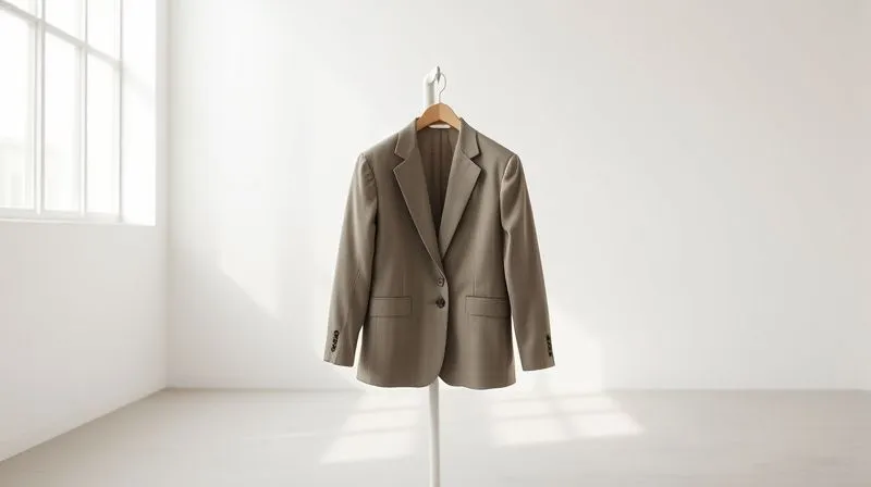Photorealistic, professional photography, 8K, cinematic lighting, sharp focus, depth of field, shot on a high-end DSLR. A single, perfectly tailored haute couture jacket, minimalist and elegant, hangs on a simple, modern stand in a spacious, almost empty room bathed in soft, natural light. The focus is on the impeccable cut and fabric, with no distractions. The image evokes a sense of refined simplicity, clarity, and the power of deliberate subtraction in design. Emotionally resonant with timeless elegance and purposeful evolution.