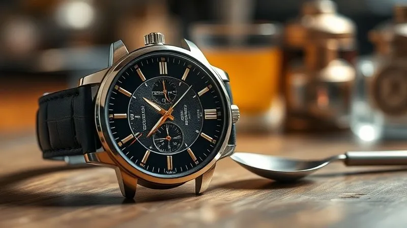 Photorealistic, professional photography, 8K, cinematic lighting, sharp focus on a Seiko Presage 'Cocktail Time' watch, showing the intricate dial texture and polished case, depth of field blurring a background of subtle luxury items, shot on a high-end DSLR.