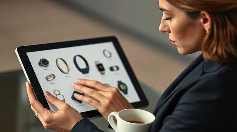 Photorealistic, professional photography, 8K, cinematic lighting, sharp focus, depth of field, shot on a high-end DSLR. A discerning professional, possibly a woman in a chic blazer, is intently reviewing different smart rings and elegant smartwatches on a high-resolution tablet, with a cup of coffee next to her. The focus is on her thoughtful expression and the sleek, minimalist designs on the screen, emphasizing careful selection and research.