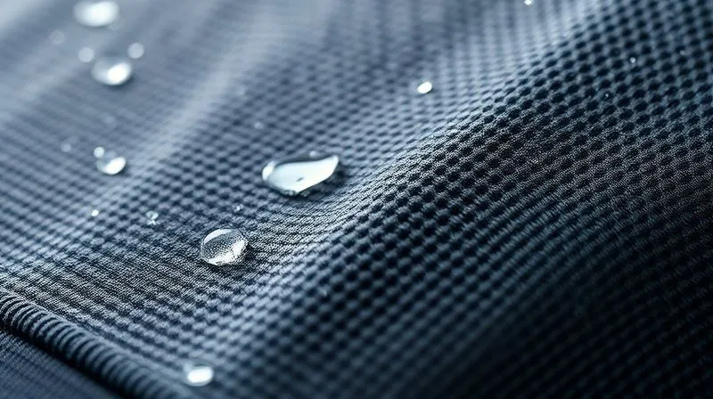Photorealistic, professional photography, 8K, cinematic lighting, sharp focus, depth of field, shot on a high-end DSLR. Close-up of specialized activewear fabric, showing intricate weave patterns and subtle compression zones, with moisture beading on the surface, highlighting advanced textile technology and breathability.
