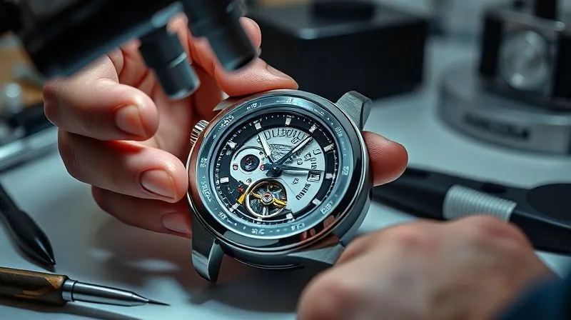 A photorealistic, professional photography, 8K, cinematic lighting, sharp focus, depth of field, shot on a high-end DSLR image of a skilled watchmaker's hands delicately inspecting the open movement of an automatic watch under a magnifying loupe. Tools like tweezers and screwdrivers are neatly arranged on a clean workbench, emphasizing precision and expertise. The lighting is focused and bright, highlighting the intricate details of the mechanism.