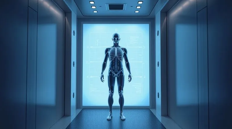 Photorealistic image of a person standing in a futuristic 3D body scanning booth, illuminated by soft blue light, with digital measurement overlays appearing on a transparent screen, 8K.