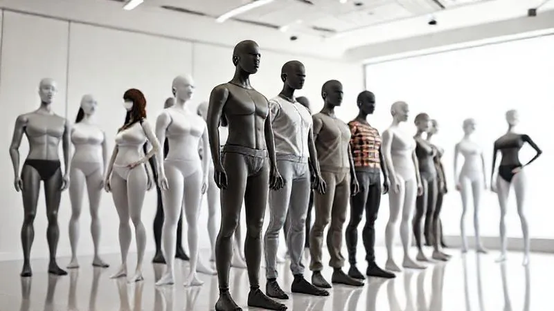 Photorealistic rendering of a diverse range of 3D parametric avatars, each distinctly unique in body shape and size, standing in a clean, modern virtual fitting room, showcasing personalized fit, 8K, cinematic lighting, sharp focus on avatar diversity, depth of field.
