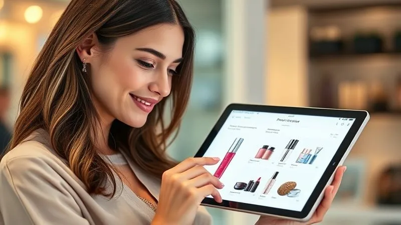 A photorealistic, professional photography of a woman smiling subtly as she interacts with a sleek, minimalist beauty app on a tablet, displaying personalized product recommendations with clear explanations and interactive refinement options. Soft, natural light illuminates her face, and the screen shows vibrant, appealing beauty products. Sharp focus on the tablet and her hands, depth of field blurring a modern, bright background, 8K hyper-detailed, shot on a high-end DSLR.