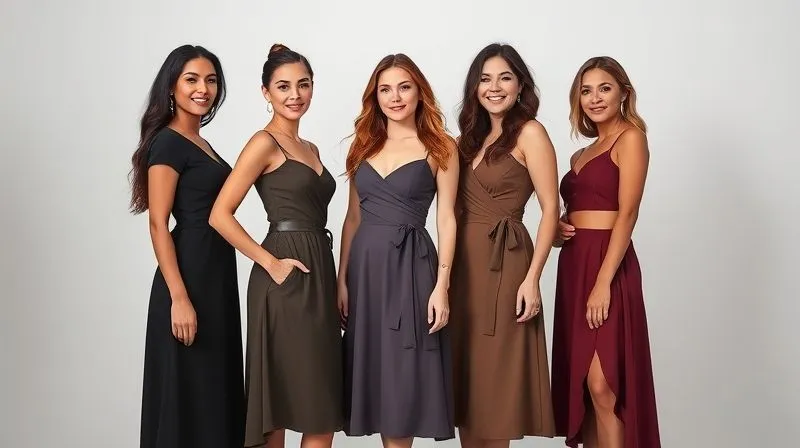 photorealistic, professional photography, 8K, cinematic lighting, sharp focus, depth of field, shot on a high-end DSLR, a diverse group of women, each wearing a different flattering silhouette (empire waist dress, A-line skirt, wrap dress), showcasing how these styles gracefully skim the midsection, studio setting with soft, natural light, confident expressions.