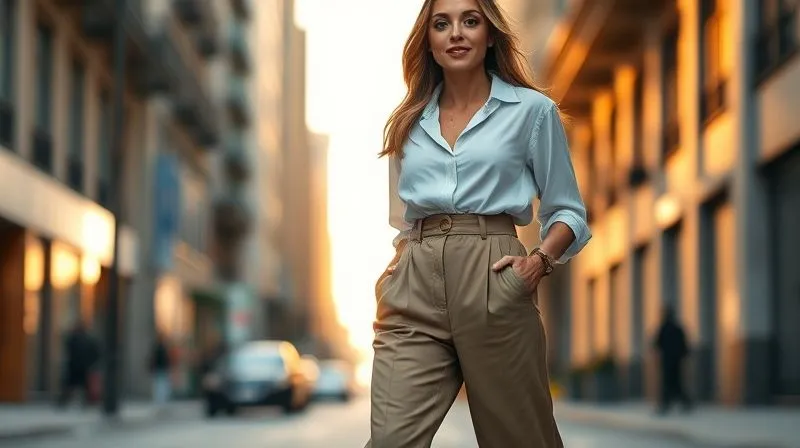 photorealistic, professional photography, 8K, cinematic lighting, sharp focus, depth of field, shot on a high-end DSLR, a stylish woman confidently wearing high-waisted wide-leg trousers and a subtly tucked-in flowy blouse, showcasing the flattering effect on the midsection, urban chic background, golden hour lighting.