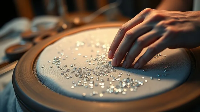 A photorealistic, professional photography, 8K, cinematic lighting, sharp focus, depth of field, shot on a high-end DSLR, a close-up of an artisan's hands meticulously working on a tambour embroidery frame, applying tiny beads and sequins to a shimmering fabric, the background blurred with soft atelier lighting, highlighting the intricate detail and focused effort.