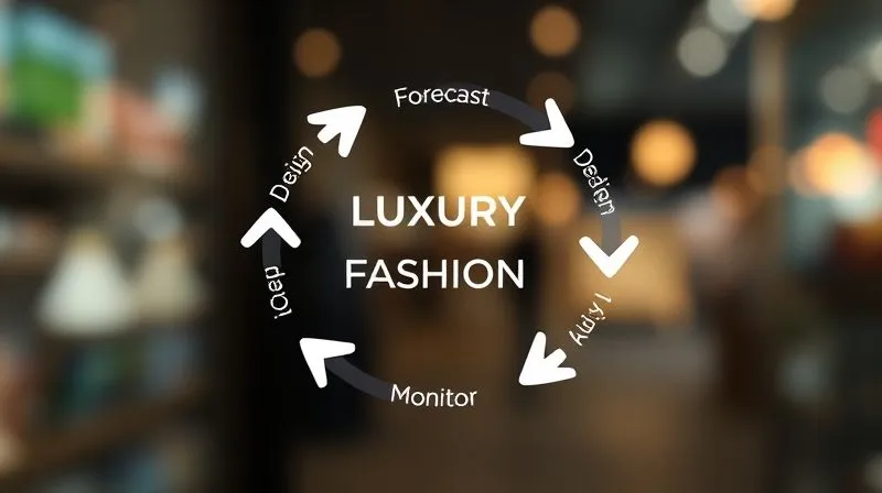 A photorealistic image of a sleek, circular infographic representing a continuous feedback loop in luxury fashion. Arrows flow seamlessly between 'Forecast', 'Design', 'Launch', 'Monitor', and 'Analyze', with data points and consumer icons subtly integrated. The overall impression is one of fluid, efficient movement. Cinematic lighting, sharp focus, depth of field, 8K, shot on a high-end DSLR.