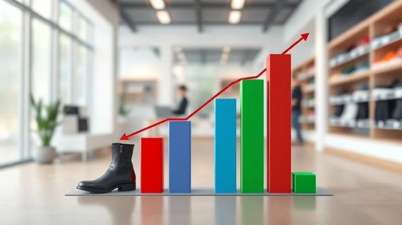 A photorealistic 3D bar chart showing sales velocity for different boot styles over 12 months, with a clear downward trend highlighted for one specific style in red, contrasted with stable styles in blue and green. The chart is clean, professional, with cinematic lighting, sharp focus, depth of field blurring a background of a modern retail office, 8K hyper-detailed.