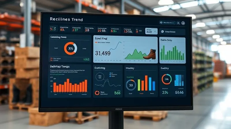 A photorealistic image of a sleek, modern inventory management dashboard on a large monitor, displaying real-time data charts, graphs, and alerts for various boot styles. One section clearly highlights a 'Declining Trend' alert for a specific boot, with relevant metrics like sales velocity and inventory levels. The setting is a well-lit, organized warehouse office, with depth of field blurring racks of boots in the background. 8K hyper-detailed, professional photography, cinematic lighting, sharp focus on the screen.