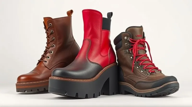 A photorealistic studio shot showcasing a diverse range of high-quality boots: a classic, timeless leather Chelsea boot, a vibrant, fashion-forward chunky platform boot, and a rugged, specialized hiking boot, all artfully arranged to demonstrate product diversification. The lighting is professional, clean, with sharp focus on all boots and a subtle depth of field. 8K hyper-detailed, professional photography.