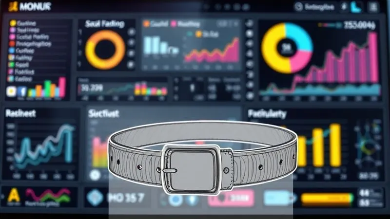 A sophisticated data visualization dashboard displaying various fashion trend metrics – including social media engagement, sales velocity charts, and material popularity graphs – with a luxury belt design sketch overlayed in the foreground, indicating the integration of data into creative design. The overall aesthetic is clean, modern, and high-tech. Photorealistic, professional photography, 8K, cinematic lighting, sharp focus on the dashboard and sketch, depth of field blurring the background, shot on a high-end DSLR.