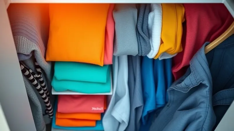 A photorealistic overhead shot of a neatly organized closet, with clothes color-coded and folded, bathed in soft, natural light, symbolizing clarity and fresh starts. 8K, cinematic lighting, sharp focus, depth of field, shot on a high-end DSLR.