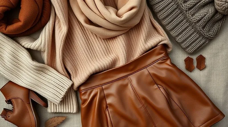 A photorealistic flat lay showcasing a rich mix of textures in an outfit: a soft cashmere sweater, a structured leather skirt, a delicate silk scarf, and a chunky knit beanie, all in complementary earthy tones. 8K, cinematic lighting, sharp focus on the textures, depth of field. Shot on a high-end DSLR.
