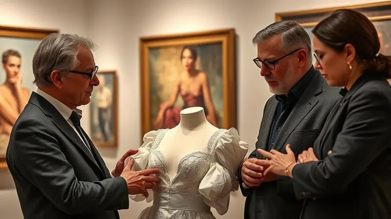A photorealistic image of a haute couture designer engaging in a thoughtful discussion with a museum curator and an art critic within a gallery setting. They are examining a couture piece with intense focus, surrounded by other artworks. Professional photography, 8K, cinematic lighting, sharp focus on the interaction, depth of field, shot on a high-end DSLR.