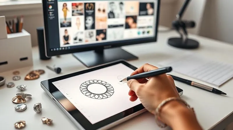 A photorealistic image of a custom jewelry designer's clean, organized desk. A hand is meticulously sketching a complex ring design on a tablet, with a vibrant digital mood board displayed on a secondary monitor in the background. Scattered around are polished gemstones, metal samples, and a design brief, all in sharp focus under soft, natural studio lighting. 8K hyper-detailed, professional photography, shot on a high-end DSLR.