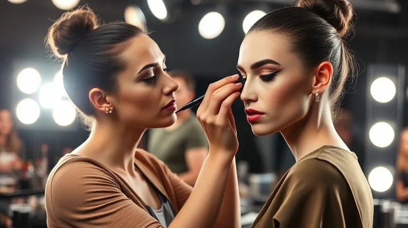 A professional makeup artist meticulously applying a bold, graphic eyeliner look on a model backstage at a high-fashion runway show, surrounded by organized makeup tools and bright lights. Photorealistic, professional photography, 8K, cinematic lighting, sharp focus, depth of field, shot on a high-end DSLR.