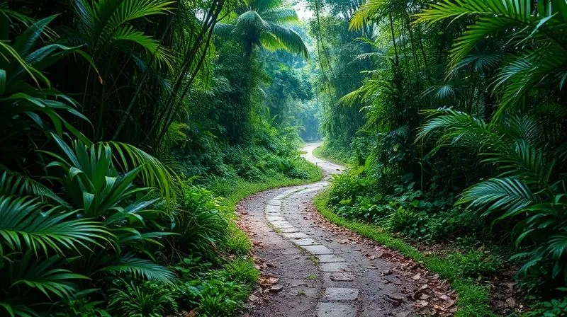 A photorealistic, professional photography, 8K, cinematic lighting, sharp focus, depth of field, shot on a high-end DSLR, depicting a winding, overgrown path diverging into multiple dead ends in a dense urban jungle, with a single, clear, well-lit path leading forward. This symbolizes the dangers of blindly following trends versus identifying the right path. The mood is cautionary yet hopeful.