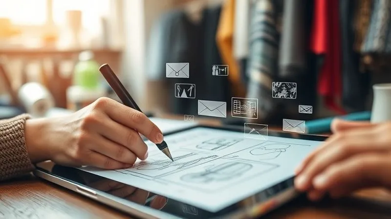A photorealistic close-up of hands sketching accessory designs on a tablet, with feedback notes digitally overlaid as holographic elements, sharp focus on the hands and screen, depth of field blurring a workshop background with fabric swatches and tools, cinematic lighting, 8K hyper-detailed.