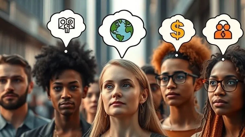 A photorealistic image of a diverse group of people, each with a thought bubble above their head displaying different motivations – one with a 'money' icon, another with a 'planet earth' icon, a third with a 'community' icon. Cinematic lighting, sharp focus on the people, depth of field blurring a modern urban background, 8K hyper-detailed.